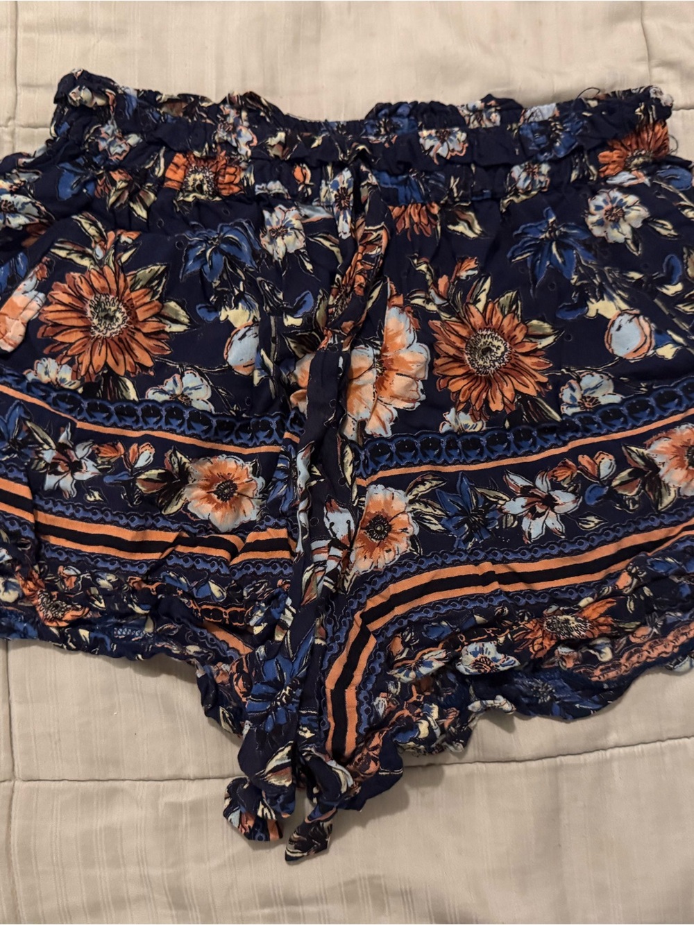 Angie Navy and Orange Floral Drawstring Bermudas